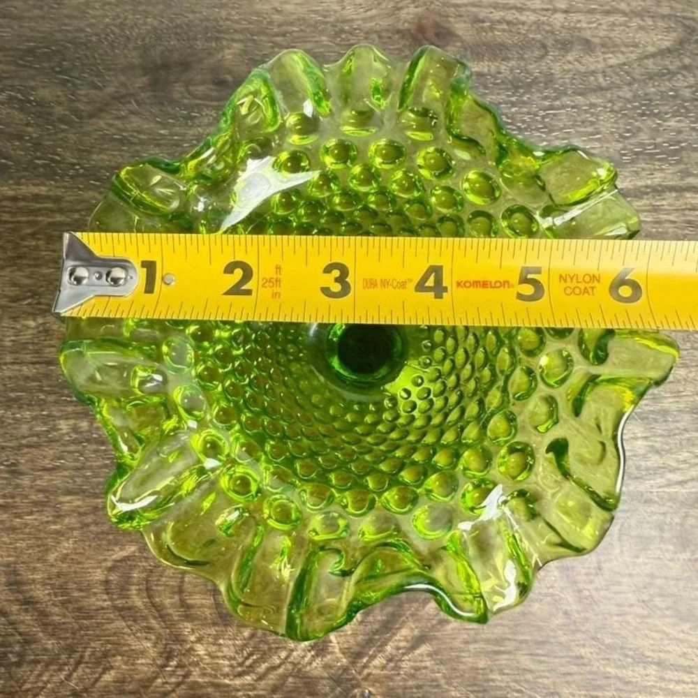 Vintage Uranium Glass Hobnail Pedestal Vase‎ UV Reactive Ruffled Green 5.5